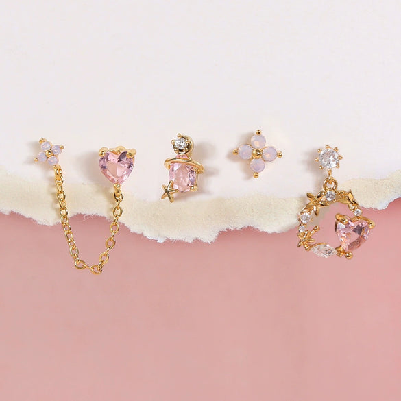 Wholesale Jewelry Pink Sweet Love Style Brass Heart And Flower Earrings Set With Zircon Inlay