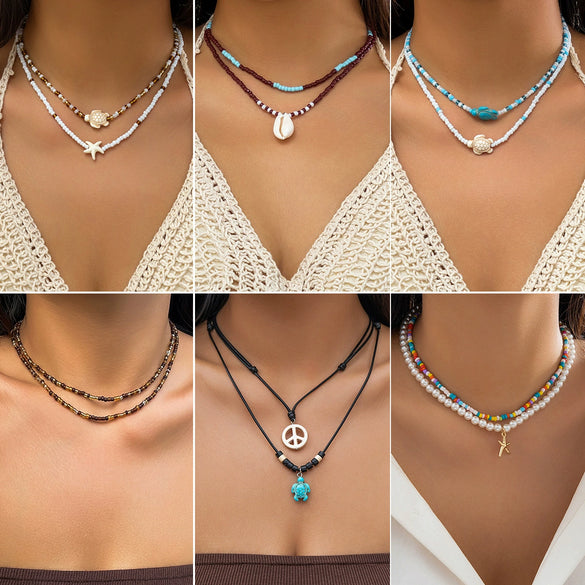 Wholesale Jewelry Plastic Resin Alloy Handmade Beach Ocean Style Animals Zodiac Starfish Shell Beaded Clavicle Necklace For Women