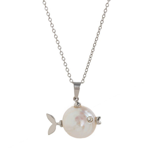 Wholesale Jewelry Retro Animal Zodiac Style Copper Titanium Steel Electroplating Natural Pearl Fish Pendant Clavicle Chain