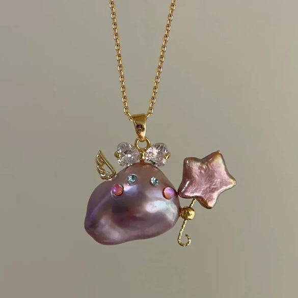 Wholesale Jewelry Retro Animal Zodiac Style Copper Titanium Steel Electroplating Natural Pearl Fish Pendant Clavicle Chain