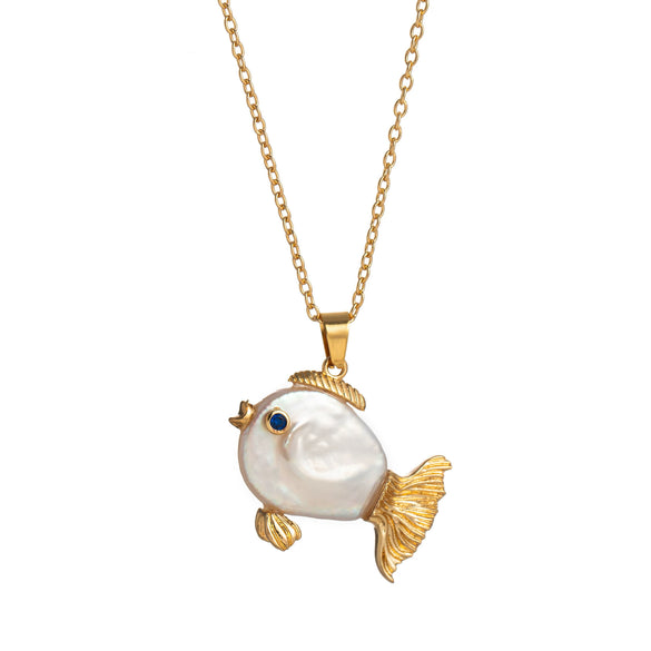 Wholesale Jewelry Retro Animal Zodiac Style Copper Titanium Steel Electroplating Natural Pearl Fish Pendant Clavicle Chain