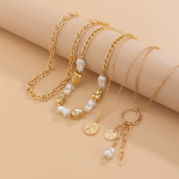 Wholesale Jewelry Retro Baroque Style Imitation Pearl Stacked Metal Geometric Pendant Necklace For Women