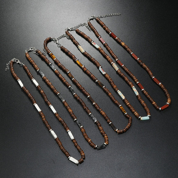 Wholesale Jewelry Retro Bohemian Style Coconut Shell Wooden Beads Natural Stone U Shape Necklace Unisex