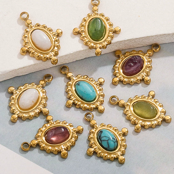 Wholesale Jewelry Retro Bohemian Style Oval Stainless Steel Inlay Earrings Necklace Pendant