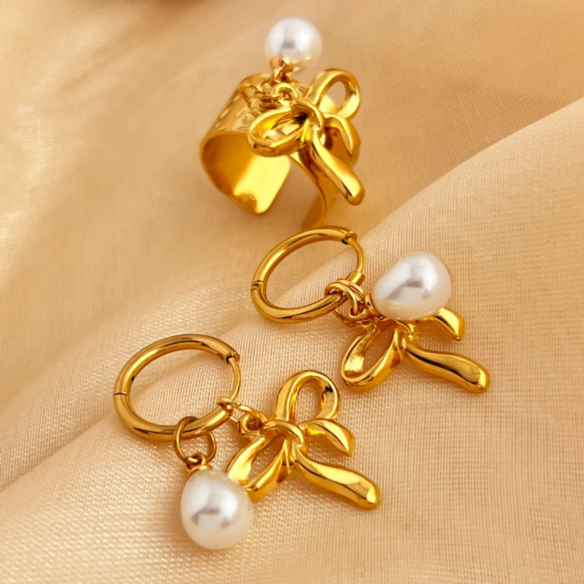 Wholesale Jewelry Retro Bow Knot 201 Stainless Steel Gold Plated Jewelry Set