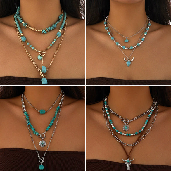 Wholesale Jewelry Retro Casual Style Geometric Turquoise Iron Alloy Chain Multilayer Bohemian Necklace With Electroplating