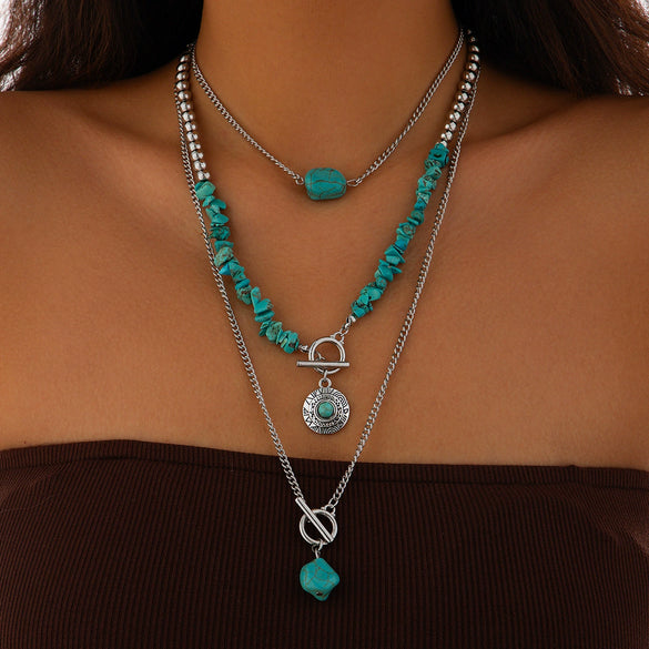 Wholesale Jewelry Retro Casual Style Geometric Turquoise Iron Alloy Chain Multilayer Bohemian Necklace With Electroplating