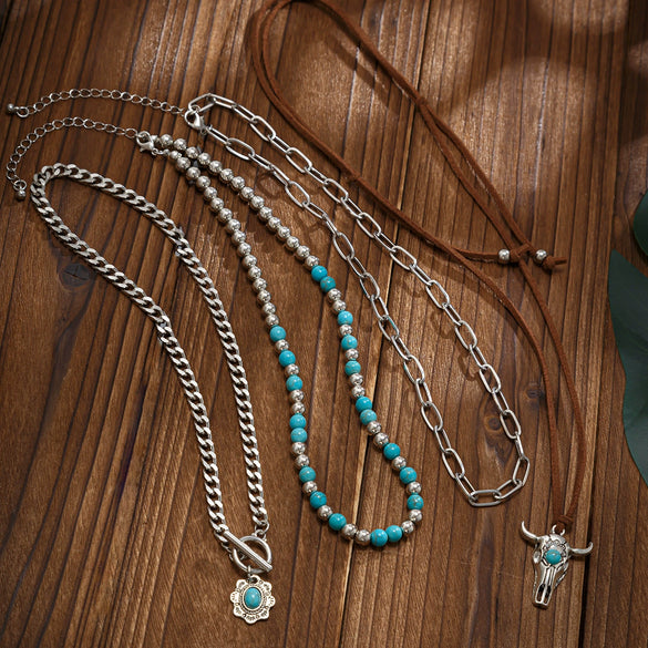 Wholesale Jewelry Retro Casual Style Geometric Turquoise Iron Alloy Chain Multilayer Bohemian Necklace With Electroplating
