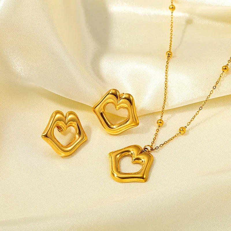 Wholesale Jewelry Retro Classic Style Geometric Heart Shape 304 Stainless Steel 18K Gold Plated Plating Earrings Necklace