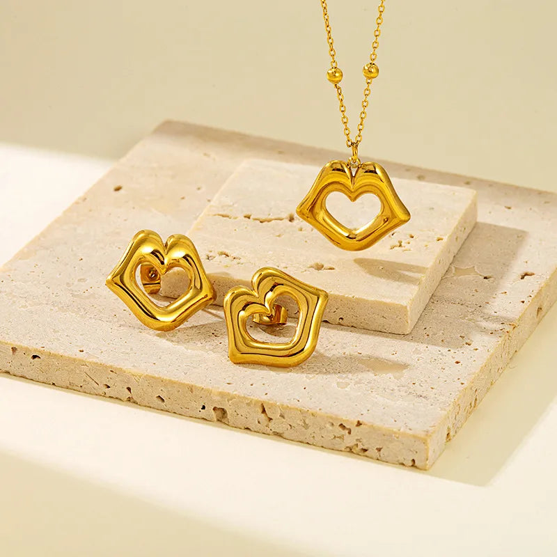 Wholesale Jewelry Retro Classic Style Geometric Heart Shape 304 Stainless Steel 18K Gold Plated Plating Earrings Necklace