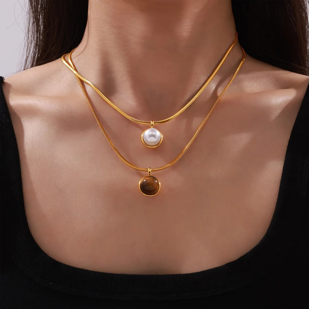 Wholesale Jewelry Retro Classic Style Round 304 Stainless Steel Artificial Pearls Tiger Eye 18K Gold Plated Plating Inlay Pendant Necklace