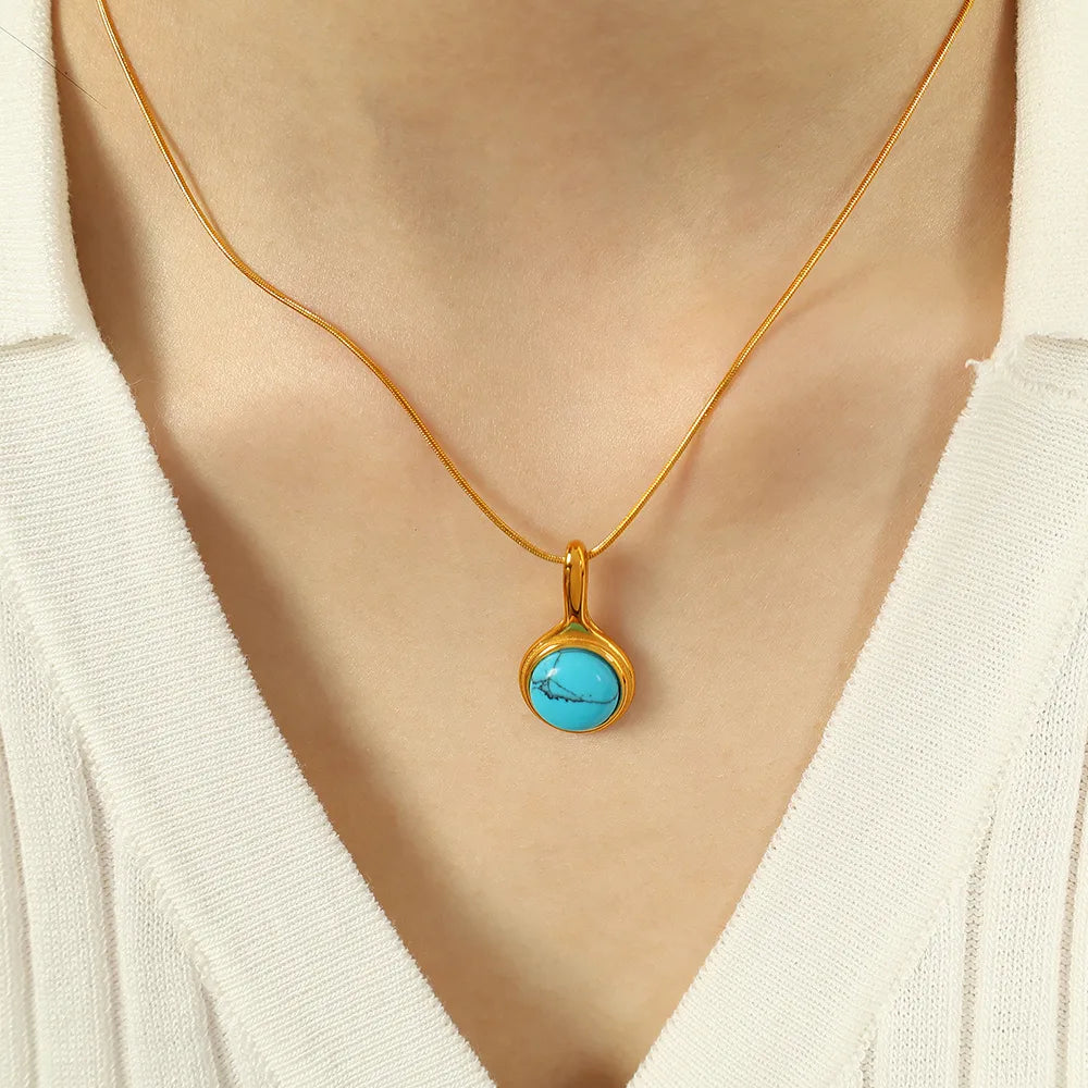 Wholesale Jewelry Retro Classic Style Round 304 Stainless Steel Turquoise 18K Gold Plated Plating Inlay Pendant Necklace