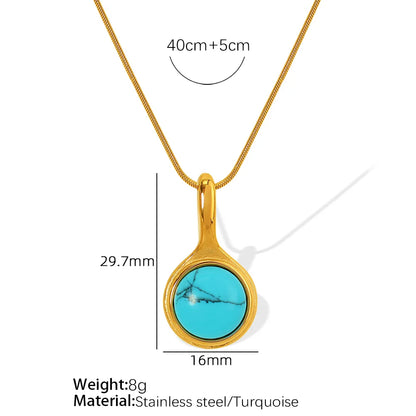 Wholesale Jewelry Retro Classic Style Round 304 Stainless Steel Turquoise 18K Gold Plated Plating Inlay Pendant Necklace