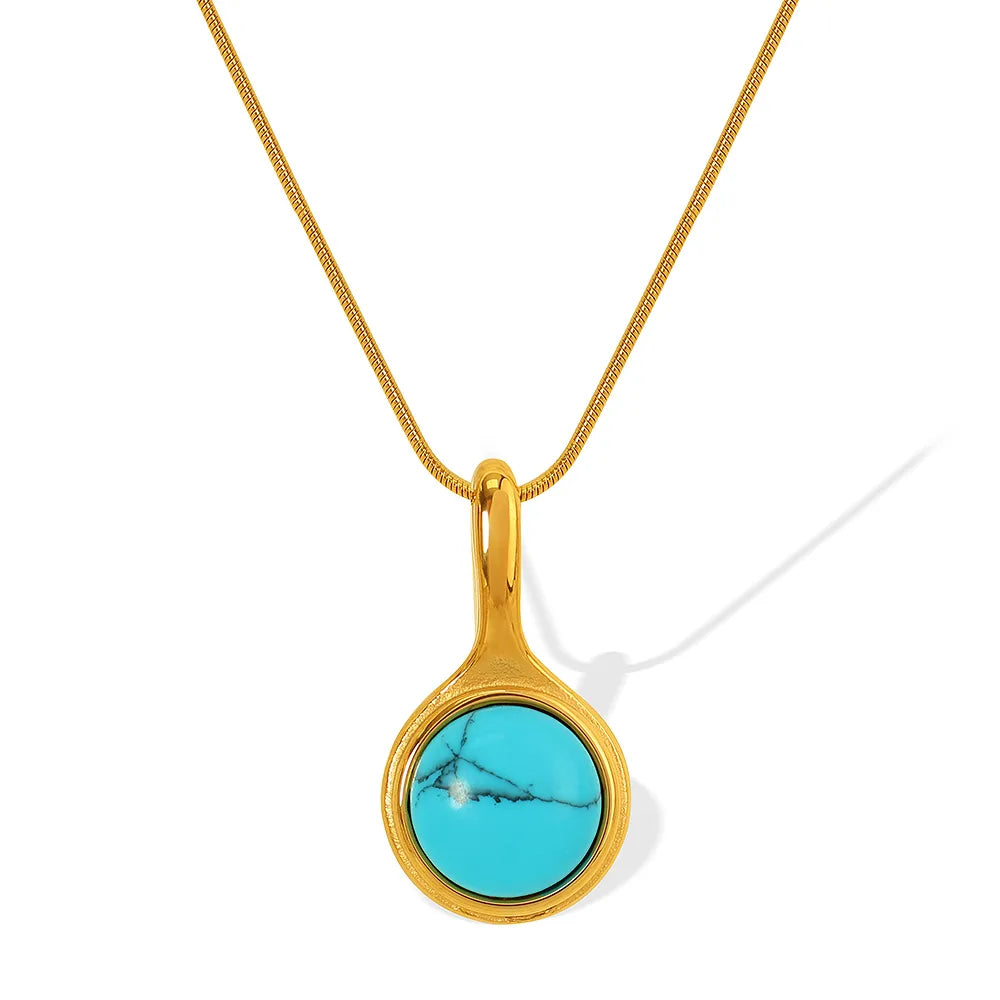 Wholesale Jewelry Retro Classic Style Round 304 Stainless Steel Turquoise 18K Gold Plated Plating Inlay Pendant Necklace