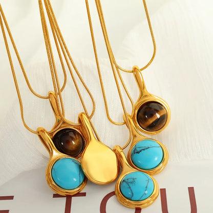 Wholesale Jewelry Retro Classic Style Round 304 Stainless Steel Turquoise 18K Gold Plated Plating Inlay Pendant Necklace