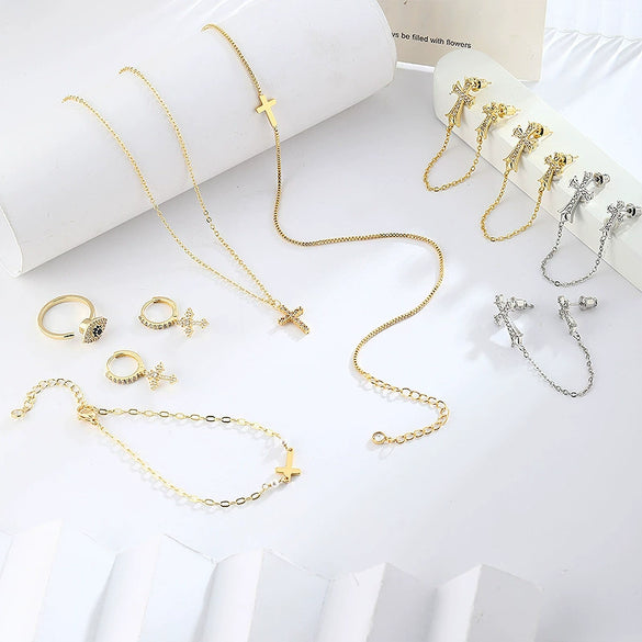 Wholesale Jewelry Retro Copper 14K Gold Plated Cross Earrings For Women