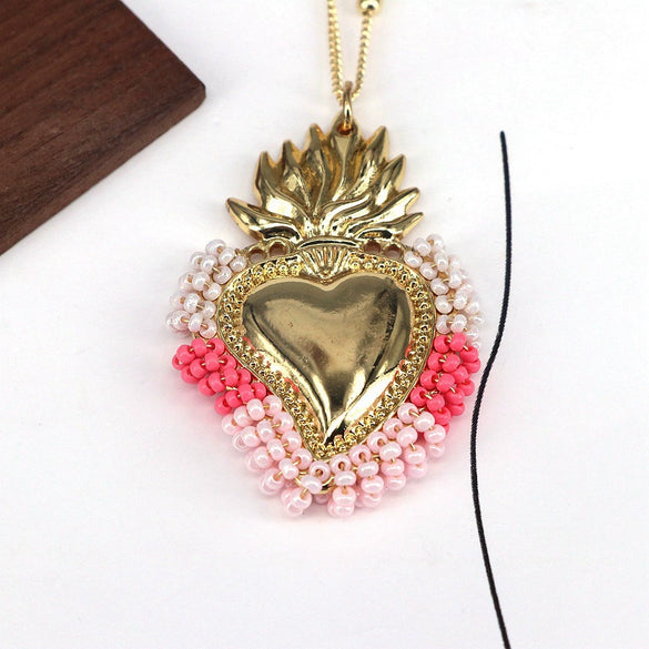 Wholesale Jewelry Retro Creative Style Heart Shape Copper Rice Beads Goldplated Pendant Necklace