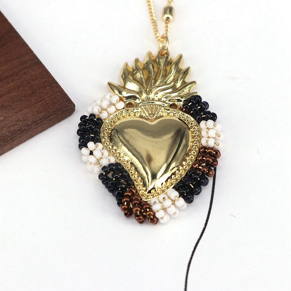 Wholesale Jewelry Retro Creative Style Heart Shape Copper Rice Beads Goldplated Pendant Necklace