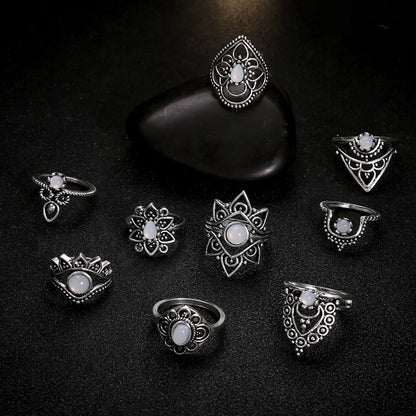 Wholesale Jewelry Retro Diamond Carved Crown Starry 9-Piece Combination Ring Nihaojewelry