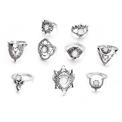 Wholesale Jewelry Retro Diamond Carved Crown Starry 9-Piece Combination Ring Nihaojewelry