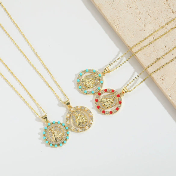 Wholesale Jewelry Retro Discshaped Geometric Copper Mixed Gemstone Setting Inlaid Pearl Electroplating Pendant Clavicle Chain Necklace For Women