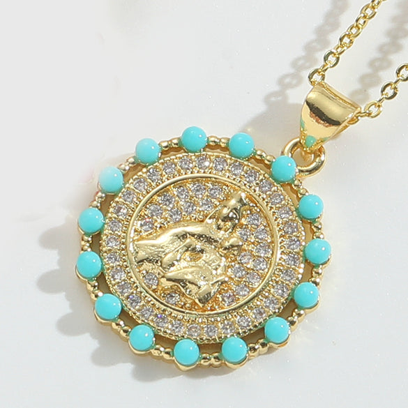 Wholesale Jewelry Retro Discshaped Geometric Copper Mixed Gemstone Setting Inlaid Pearl Electroplating Pendant Clavicle Chain Necklace For Women