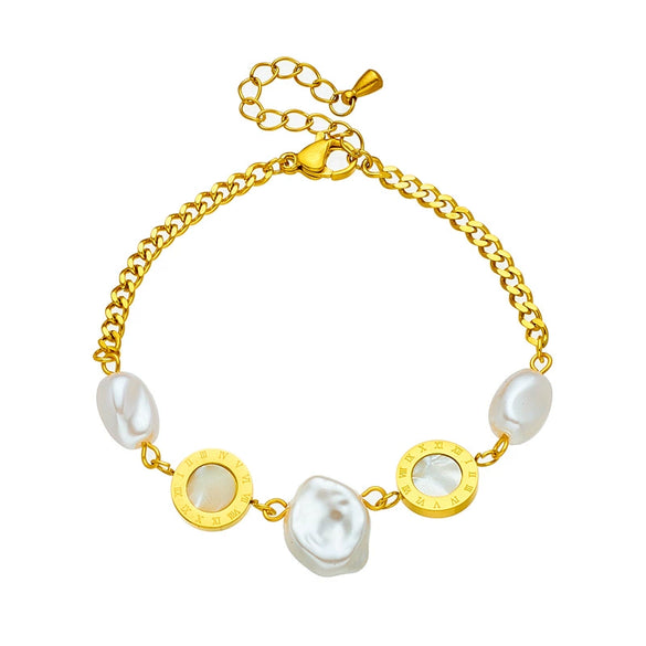 Wholesale Jewelry Retro Elegant Irregular Geometric Pearl Round Titanium Steel Electroplated Bracelet For Women