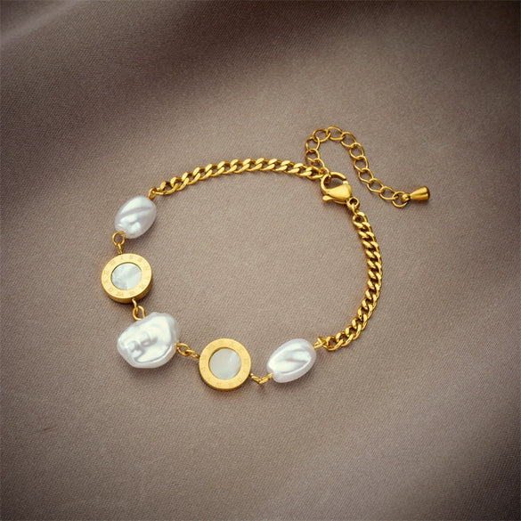 Wholesale Jewelry Retro Elegant Irregular Geometric Pearl Round Titanium Steel Electroplated Bracelet For Women