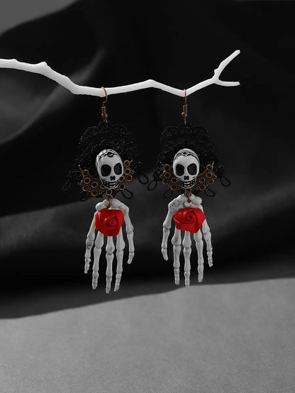 Wholesale Jewelry Retro Exaggerated Punk Palm Rose Skull Alloy Plastic Cloth Mesh Drop Earrings