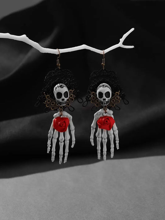 Wholesale Jewelry Retro Exaggerated Punk Palm Rose Skull Alloy Plastic Cloth Mesh Drop Earrings