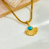 Wholesale Jewelry Retro Fashion Geometric Inlay Blue Turquoise Fan Pendant Gold Plated Stainless Steel Snake Bone Chain Necklace