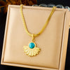 Wholesale Jewelry Retro Fashion Geometric Inlay Blue Turquoise Fan Pendant Gold Plated Stainless Steel Snake Bone Chain Necklace