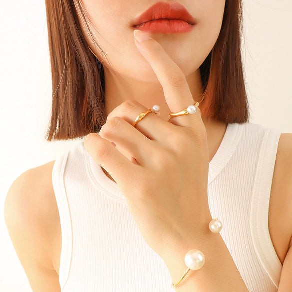 Wholesale Jewelry Retro Fashion Imitation Pearl Opening Ring 316L Stainless Steel Gold Plated Geometric Women's