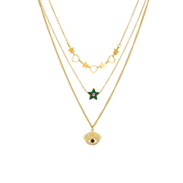 Wholesale Jewelry Retro Fashion Multilayered Goldplated Stainless Steel Heart Eyes Star Pendant Necklace