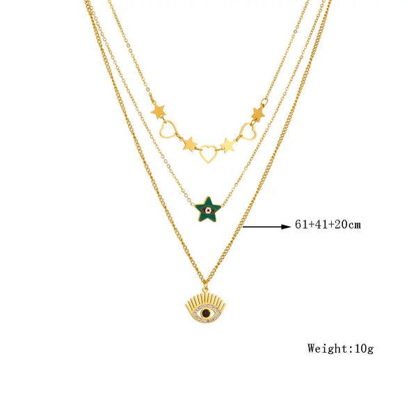 Wholesale Jewelry Retro Fashion Multilayered Goldplated Stainless Steel Heart Eyes Star Pendant Necklace