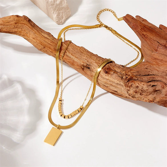 Wholesale Jewelry Retro Fashion Square Titanium Steel Snake Bone Chain Doublelayer Pendant Necklace With Electroplating