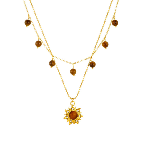 Wholesale Jewelry Retro Fashion Tiger Eye Stone Pendant Goldplated Stainless Steel Necklace With Diamond Inlay