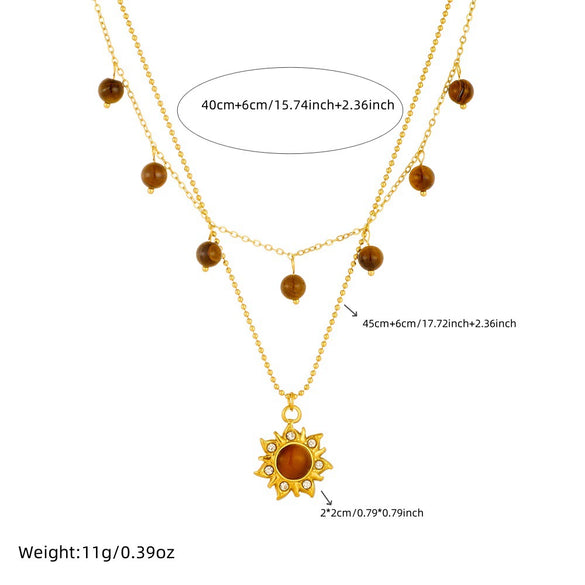 Wholesale Jewelry Retro Fashion Tiger Eye Stone Pendant Goldplated Stainless Steel Necklace With Diamond Inlay