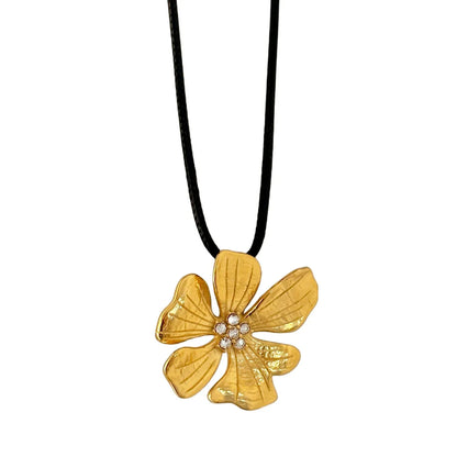 Wholesale Jewelry Retro Flower Leather Rope Titanium Steel Zircon 18K Gold Plated Plating Inlay Pendant Necklace