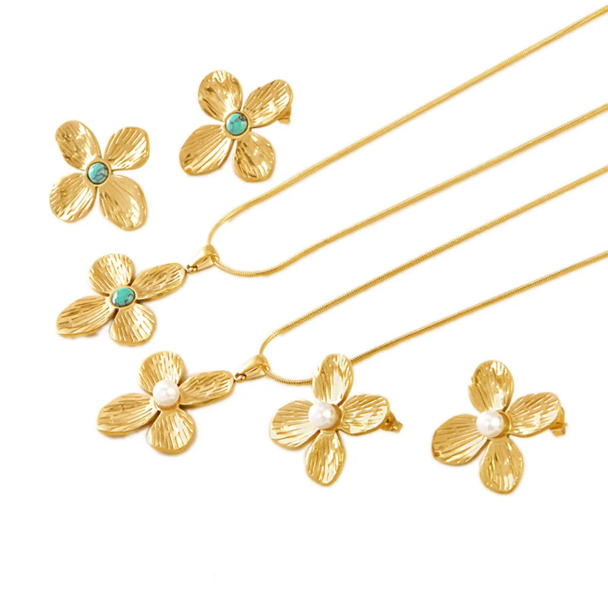 Wholesale Jewelry Retro French Style Flower Titanium Steel Turquoise Plating Inlay Earrings Necklace