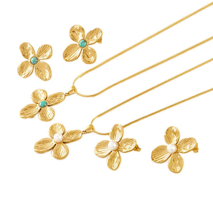 Wholesale Jewelry Retro French Style Flower Titanium Steel Turquoise Plating Inlay Earrings Necklace