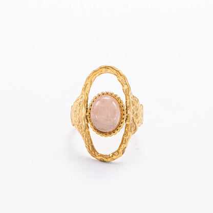 Wholesale Jewelry Retro French Style Oval 304 Stainless Steel Natural Stone 18K Gold Plated Inlay Open Rings