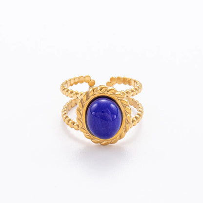 Wholesale Jewelry Retro French Style Oval 304 Stainless Steel Natural Stone 18K Gold Plated Inlay Open Rings