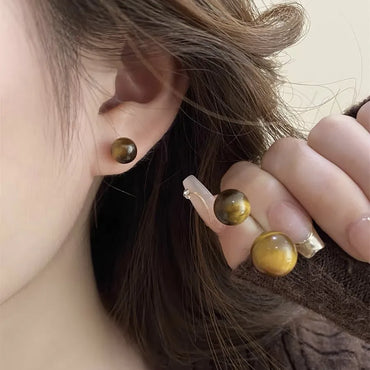 Wholesale Jewelry Retro Geometric Color Block Tiger Eye Plating Ear Studs