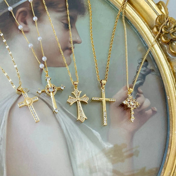 Wholesale Jewelry Retro Geometric Copper Mixed Gem Inlay Cross Pendant Ochain Necklace