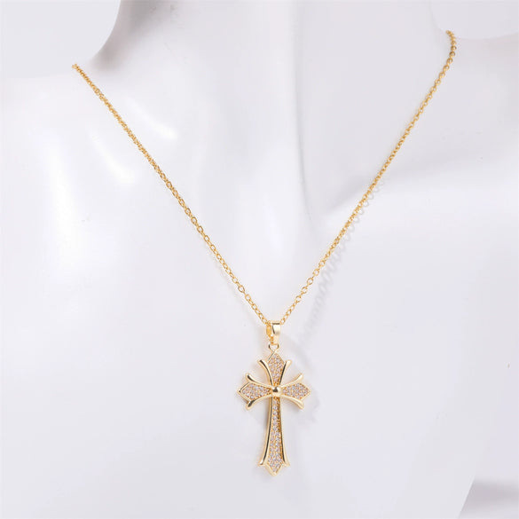 Wholesale Jewelry Retro Geometric Copper Mixed Gem Inlay Cross Pendant Ochain Necklace
