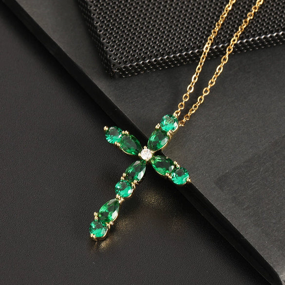 Wholesale Jewelry Retro Geometric Copper Zircon Water Drop Cross Ochain Pendant Necklace