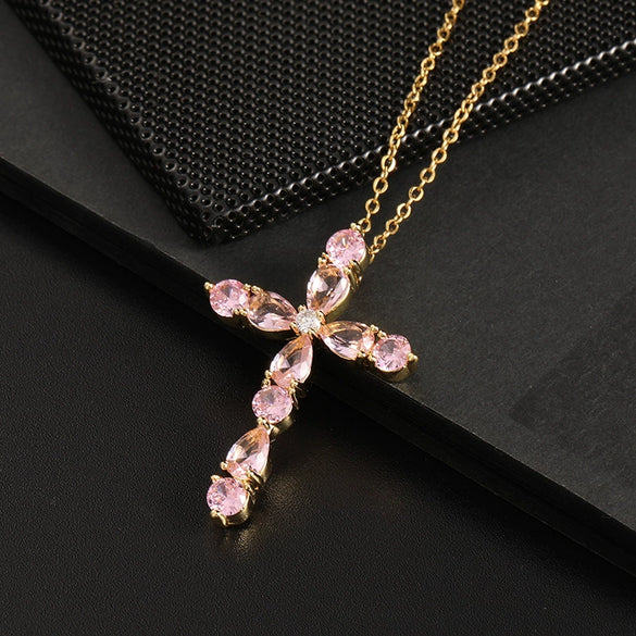 Wholesale Jewelry Retro Geometric Copper Zircon Water Drop Cross Ochain Pendant Necklace