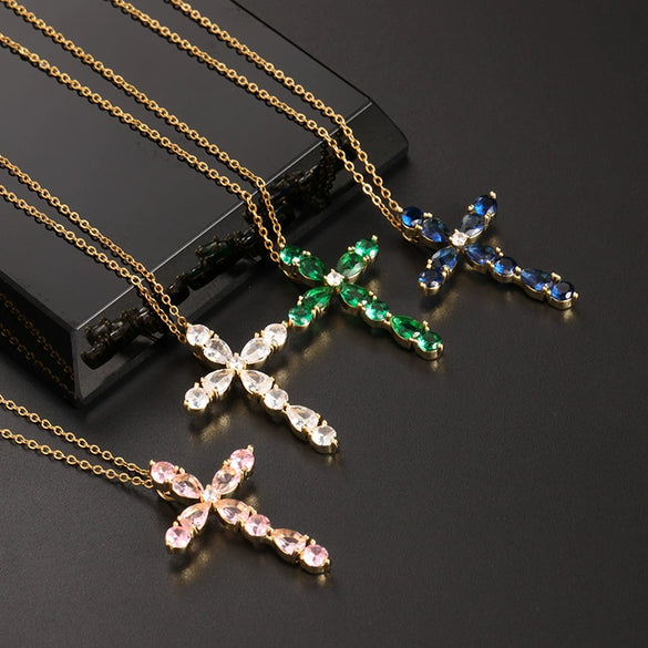 Wholesale Jewelry Retro Geometric Copper Zircon Water Drop Cross Ochain Pendant Necklace