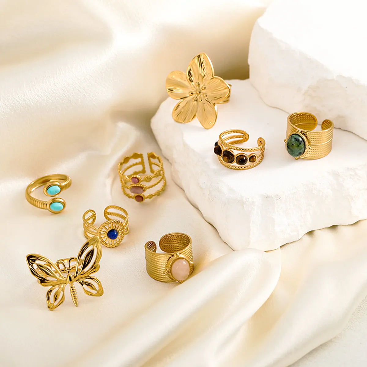 Wholesale Jewelry Retro Geometric Flower Butterfly 304 Stainless Steel Natural Stone 18K Gold Plated Inlay Open Rings